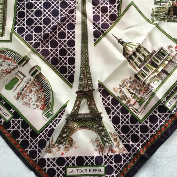 JOSSELYNE Scarf Souvenir France Paris 26" x 26" Square Deep Purple Green Beige - Picture 3 of 8